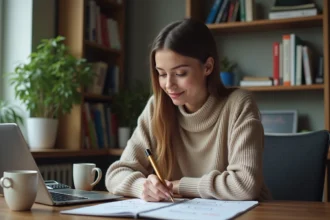 Jeune femme au bureau convertissant des minutes en heures