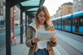 Jeune femme étudiant une carte en ville à Mille