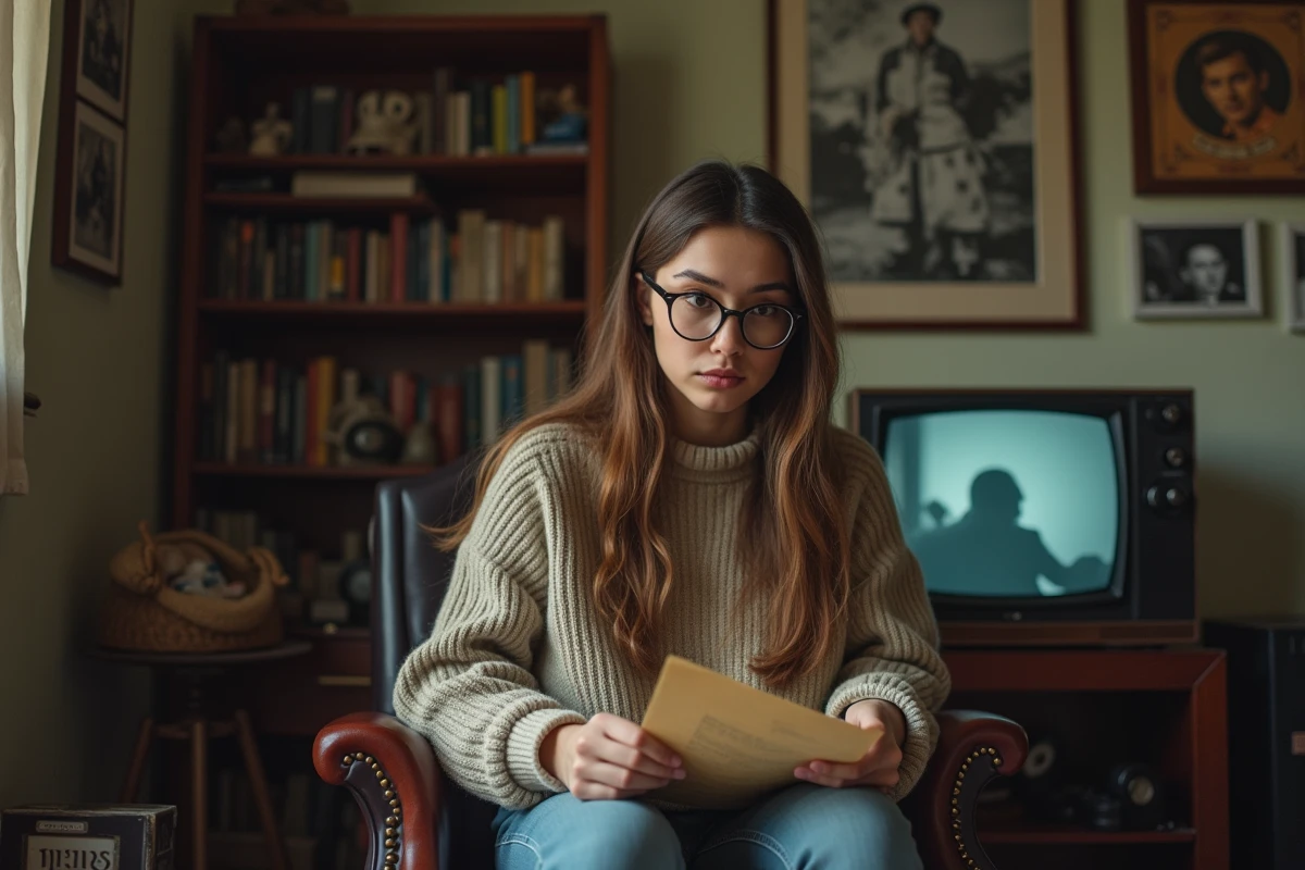 Jeune femme lisant un script dans un salon vintage