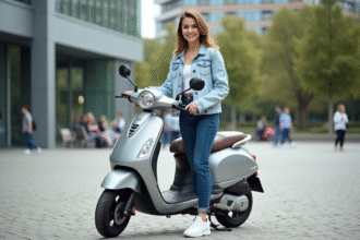 Jeune femme souriante avec scooter en ville