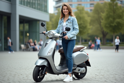 Jeune femme souriante avec scooter en ville