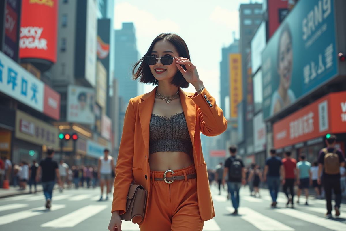 Jeune femme en streetwear croisant une rue animée