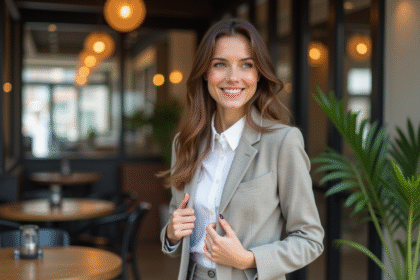 Jeune femme élégante en blazer dans un café moderne