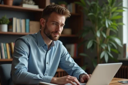 Jeune homme en bureau cosy travaillant sur son ordinateur