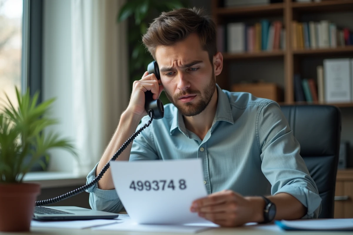Jeune homme au bureau regardant un document avec un téléphone