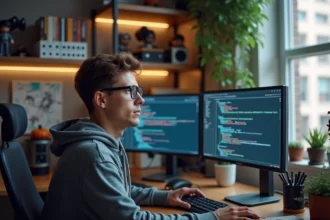 Jeune homme en hoodie dans un bureau moderne et cosy