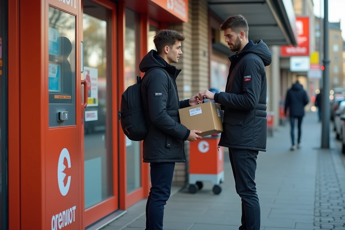 Jeune homme scannant un colis dans un point de collecte urbain
