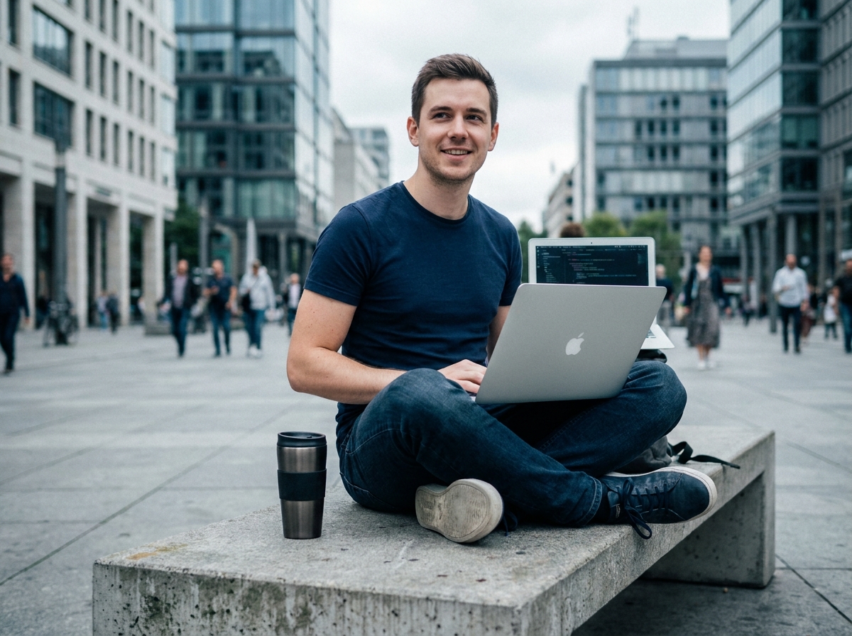 Jeune homme utilisant un MacBook Air Apple en extérieur dans un espace urbain