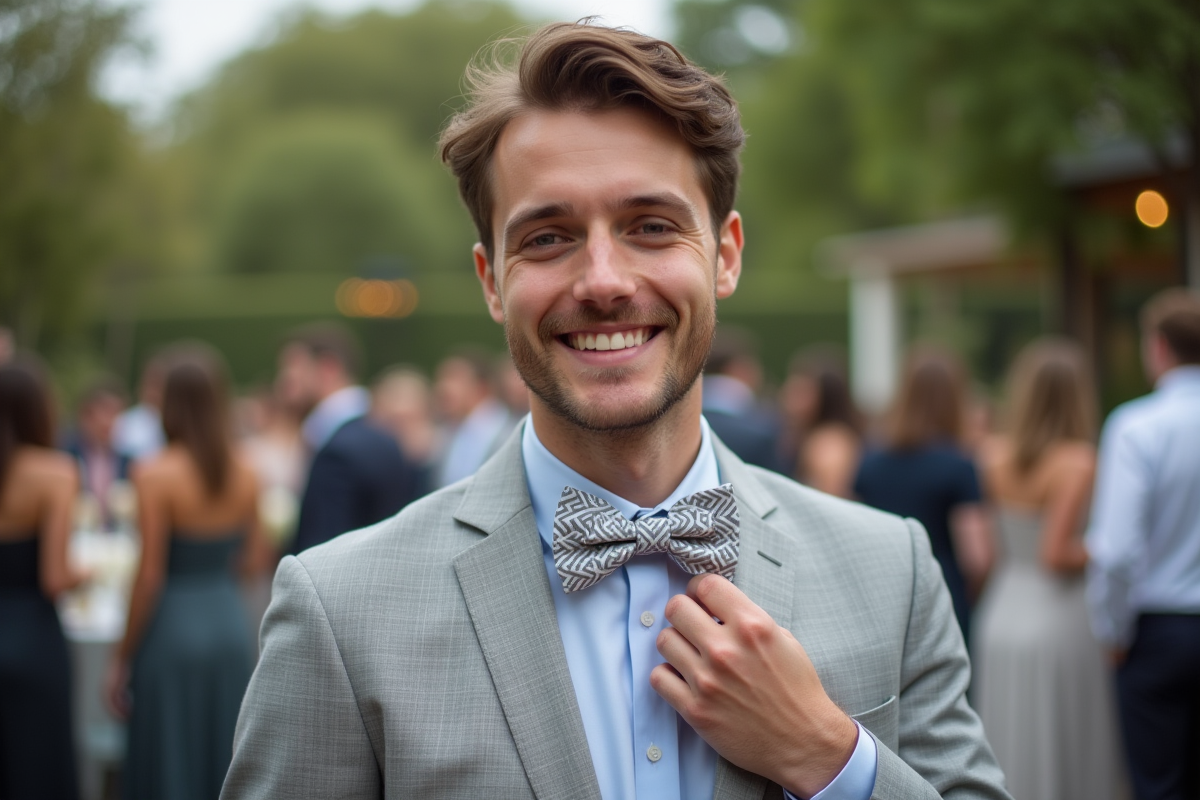 Jeune homme ajustant un noeud papillon lors d’un mariage en extérieur