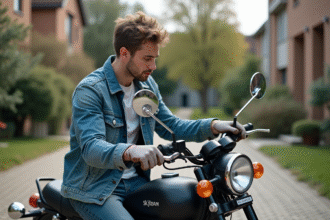 Jeune homme attachant un miroir chrome sur une moto Skyteam 125