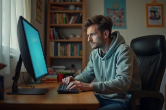 Jeune homme anxieux devant son ordinateur dans sa chambre