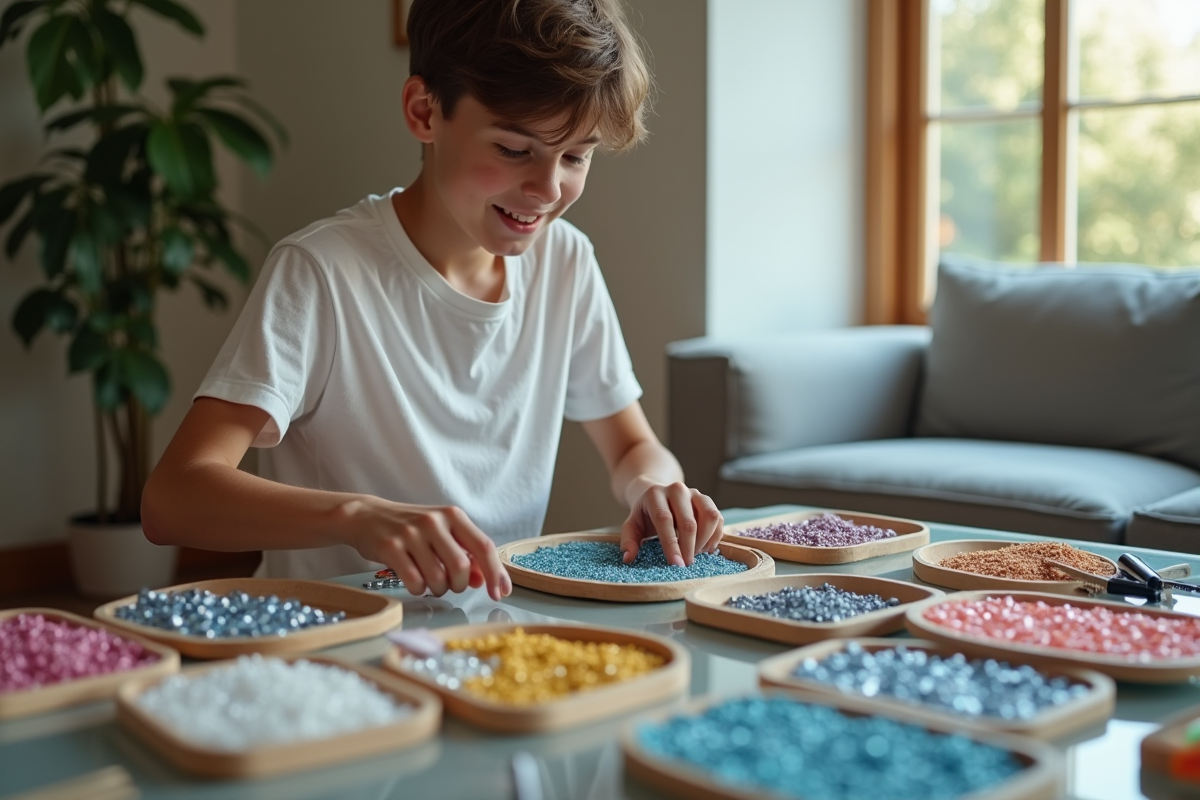 Adolescent organisant des perles de diamant dans un salon moderne