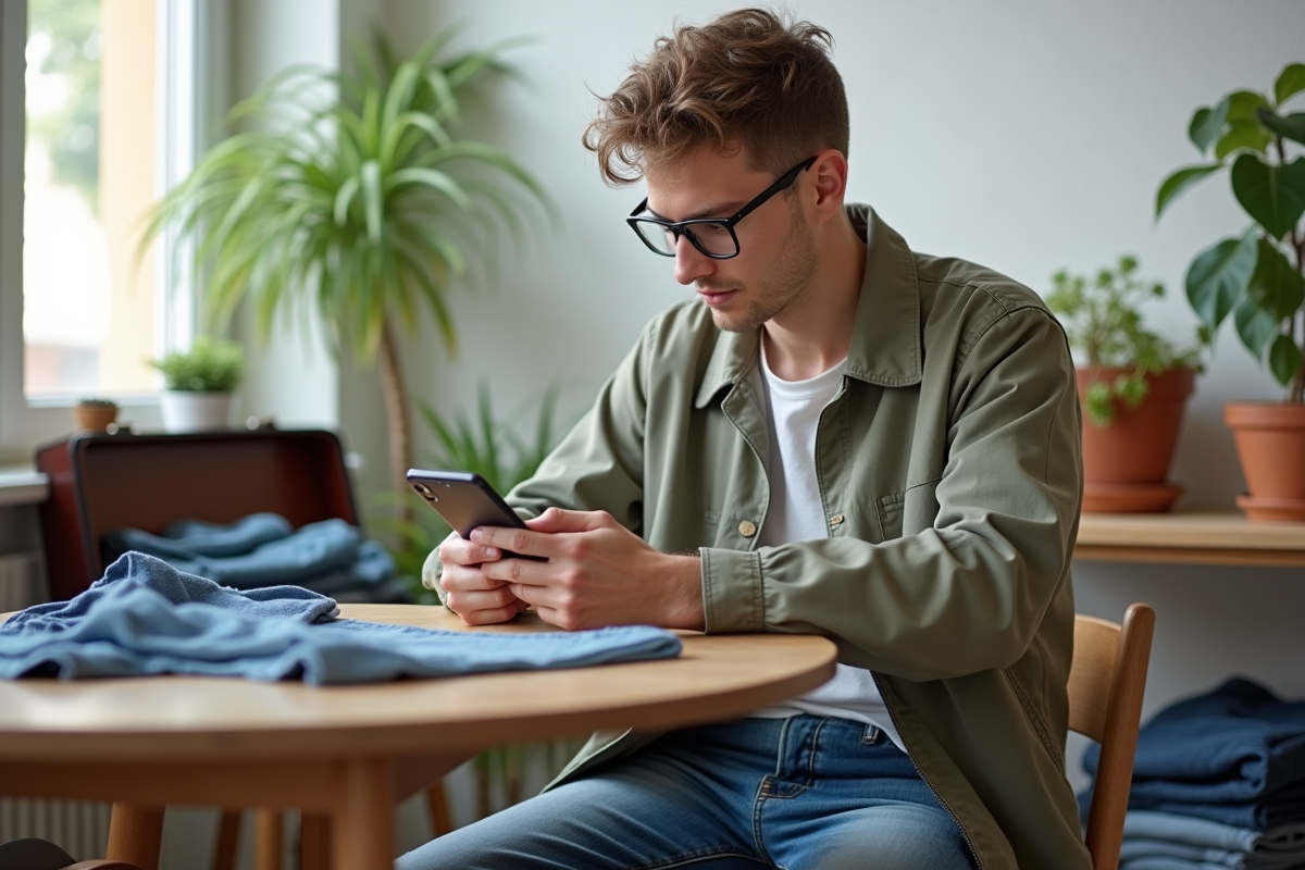 Jeune homme photographiant des vetements vintage chez lui