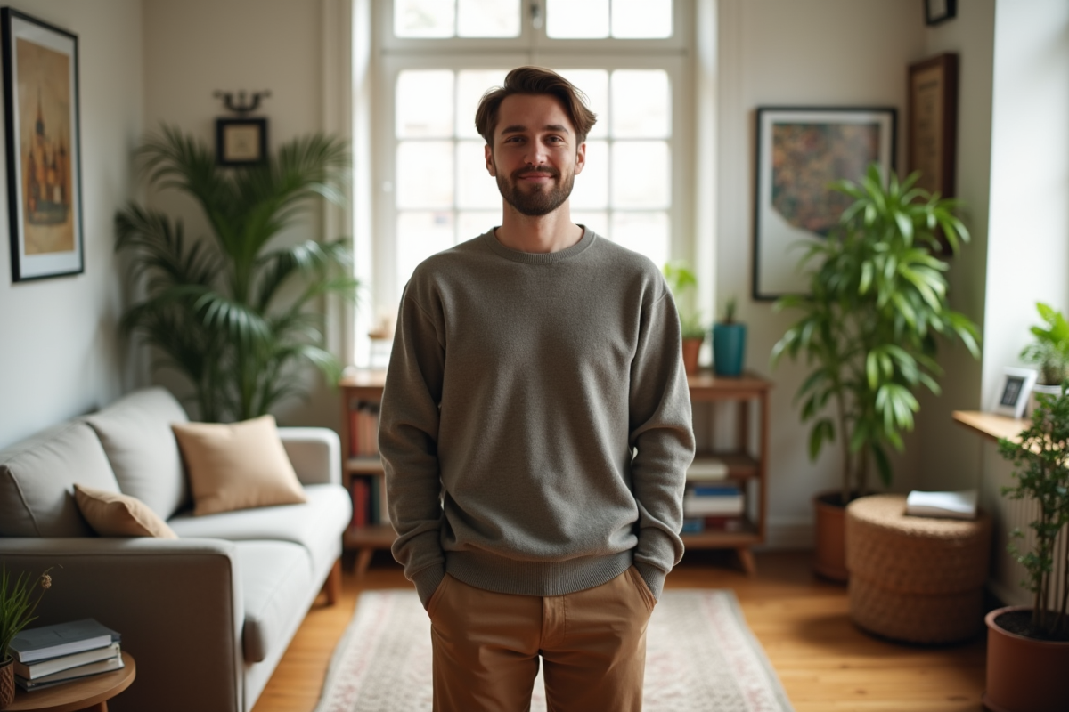 Jeune homme détendu dans un salon cosy avec livres et plantes