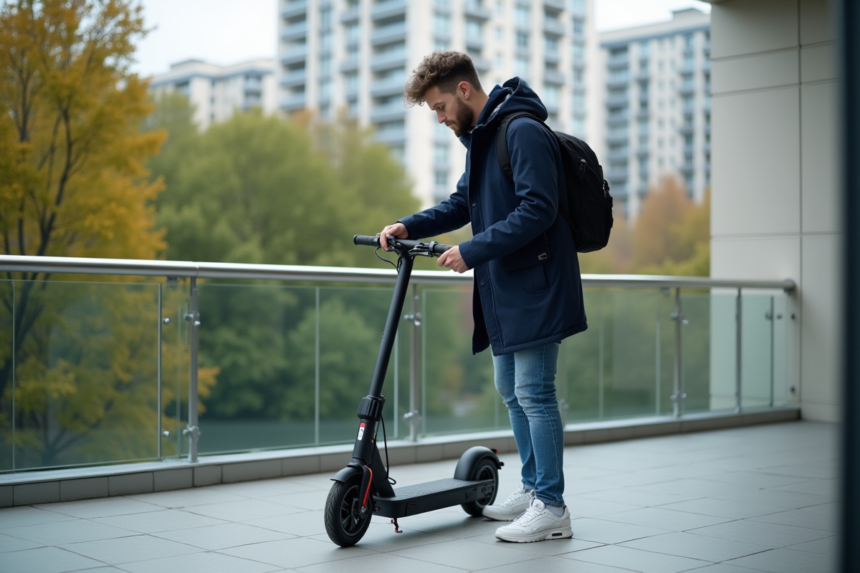 Jeune homme connectant un chargeur à un scooter électrique sur un balcon