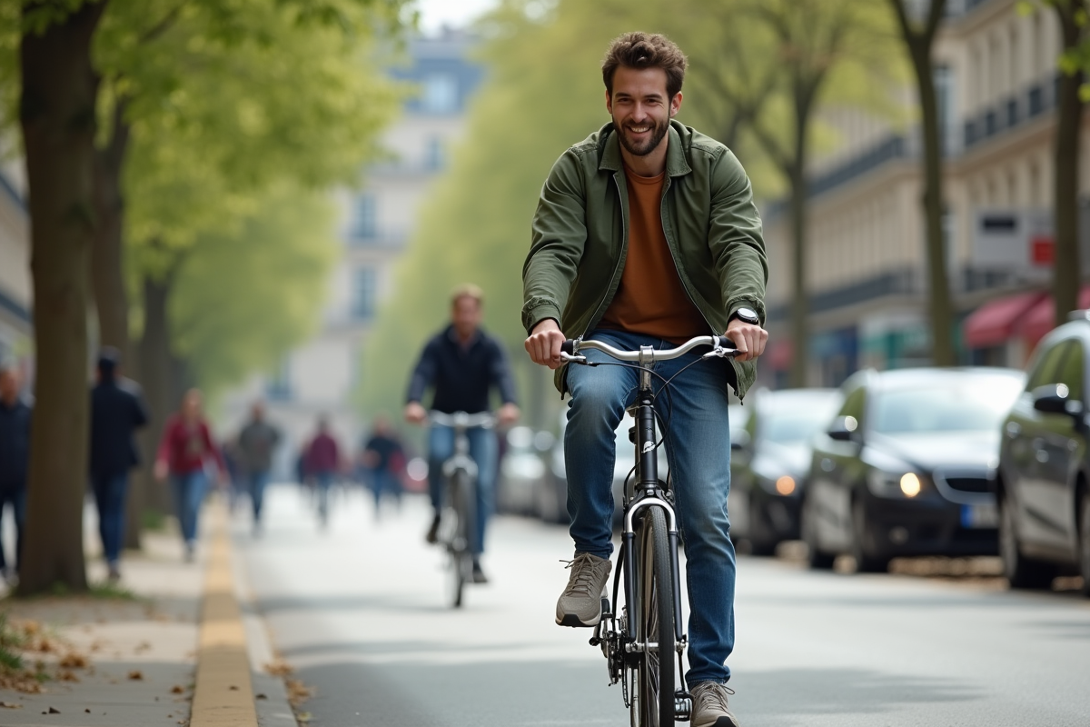 Jeune homme pédalant à vélo dans une rue parisienne