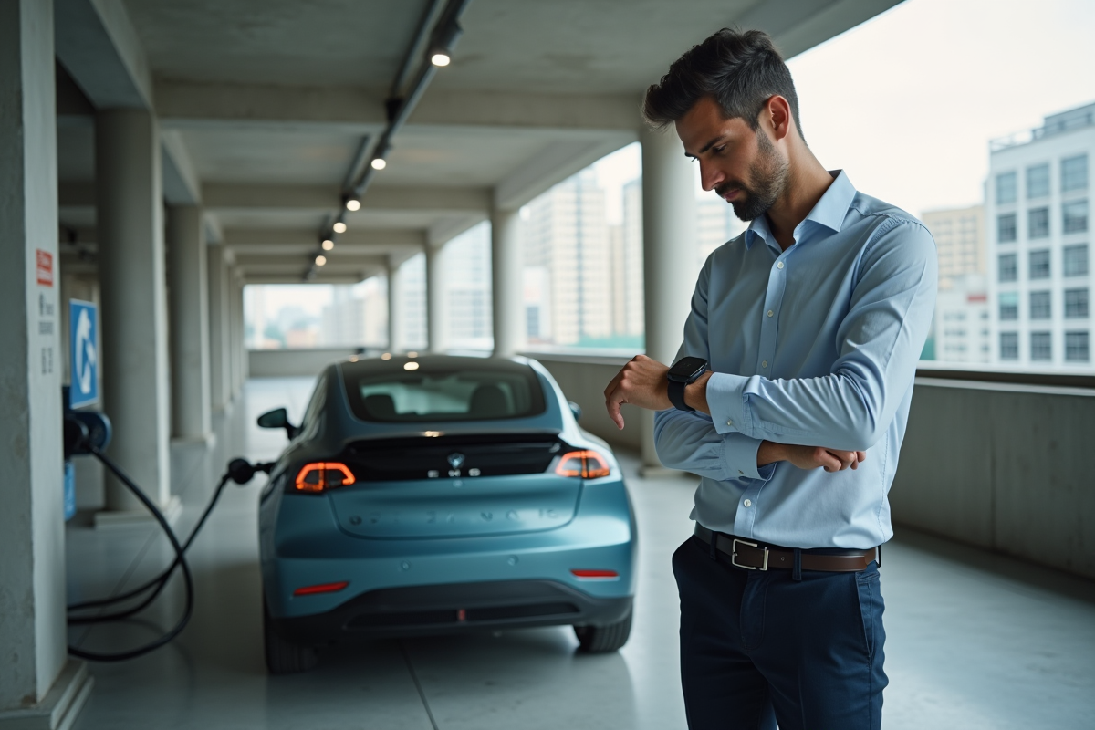 Jeune homme vérifiant sa voiture électrique dans un parking moderne