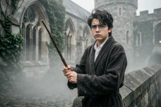 Jeune sorcier aux lunettes rondes tenant une baguette magique sur un pont de pierre brumeux devant un château gothique, illustration fanfiction Harry Potter