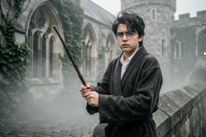 Jeune sorcier aux lunettes rondes tenant une baguette magique sur un pont de pierre brumeux devant un château gothique, illustration fanfiction Harry Potter