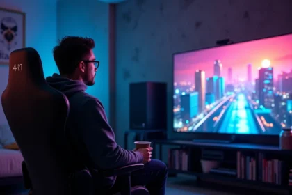 Joueur immergé dans un jeu vidéo en monde ouvert sur PS5 dans un salon gaming, en attente de la sortie de GTA 6 en 2026
