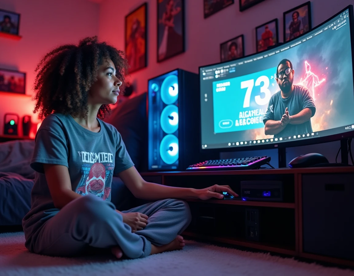 Joueuse consultant les actualités sur la date de sortie de GTA 6 en 2026 devant son PC gaming dans sa chambre