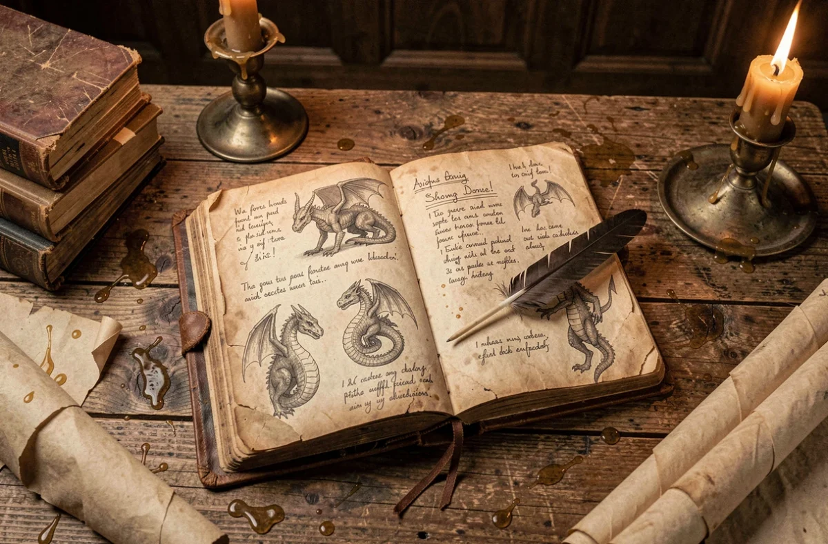 Journal ancien ouvert sur un bureau en bois avec annotations manuscrites et croquis de dragon, atmosphère de grimoire magique pour fanfiction Harry Potter