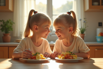 Jumeaux conjoins souriants à la cuisine lumineuse