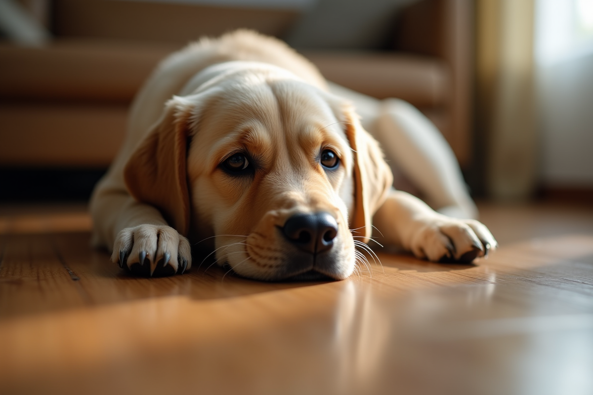 Labrador au foyer sur un sol en bois doux et chaleureux