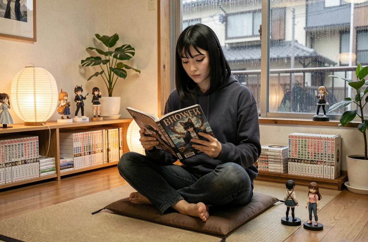 Lectrice de manga fantasy sombre aux yeux de renard dans un appartement japonais cosy entourée de volumes empilés