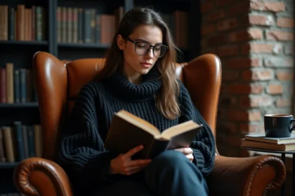 Jeune femme passionnée lisant un roman de dark romance dans un fauteuil en cuir usé, entourée de livres aux couvertures sombres dans un espace lecture cosy