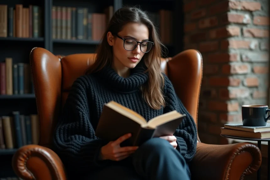 Jeune femme passionnée lisant un roman de dark romance dans un fauteuil en cuir usé, entourée de livres aux couvertures sombres dans un espace lecture cosy
