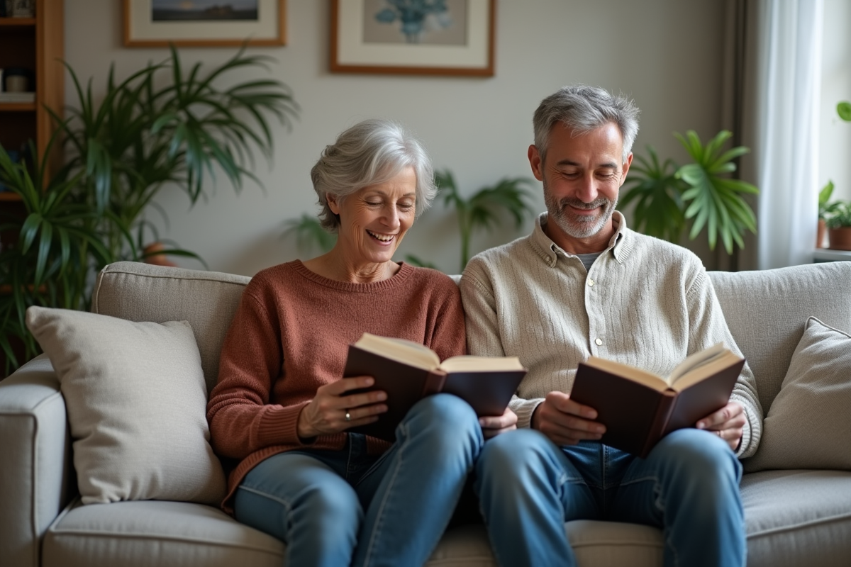 Une femme âgée et un jeune homme lisant dans un salon chaleureux