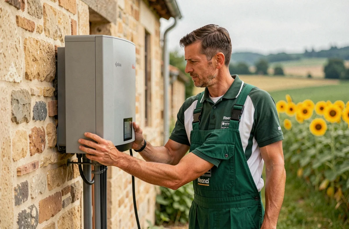 Technicien de Leo Energies à Réans inspectant une pompe à chaleur sur une ferme traditionnelle gasconne