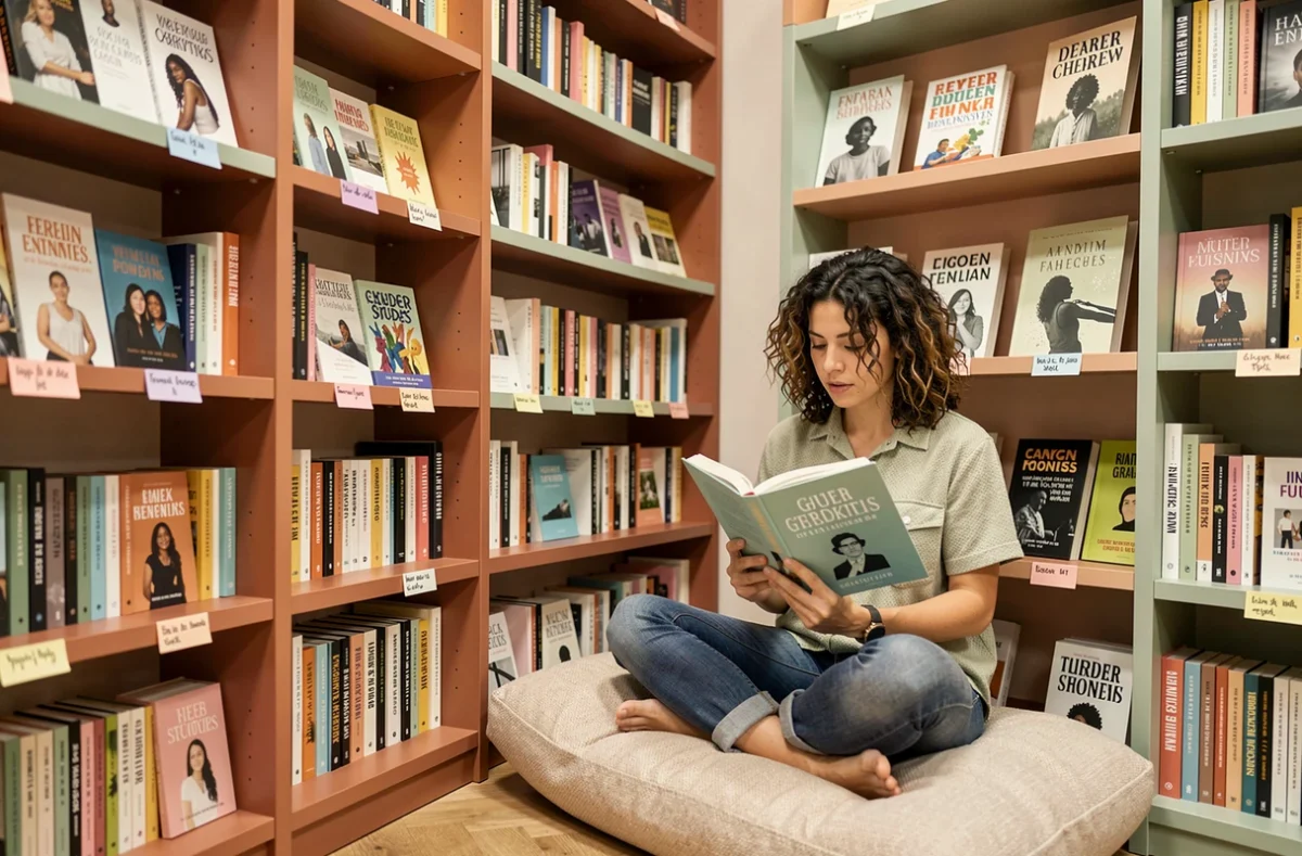 Intérieur de la librairie À Soi.e à Lyon, spécialisée dans les féminismes, avec une cliente lisant sur un coussin de sol entourée d'ouvrages féministes