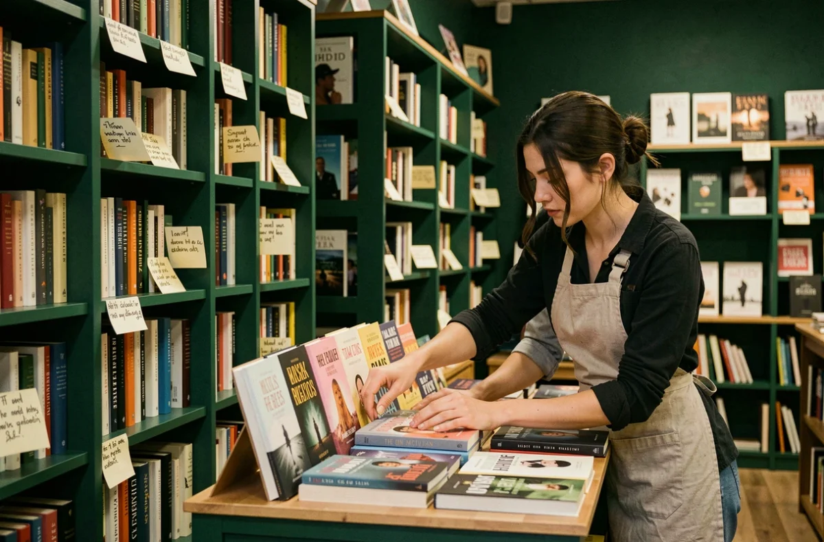 Intérieur de la librairie Le Bal des Ardents à Lyon avec ses murs vert foncé et ses recommandations manuscrites glissées dans les rayons