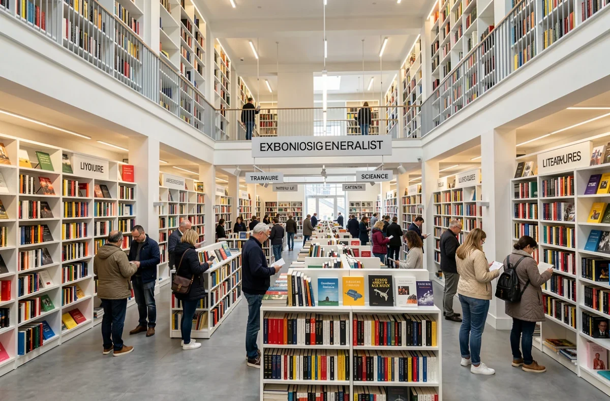 Intérieur de la librairie Decitre à Lyon avec ses larges allées, ses étages visibles et ses rayons bien organisés accueillant de nombreux clients