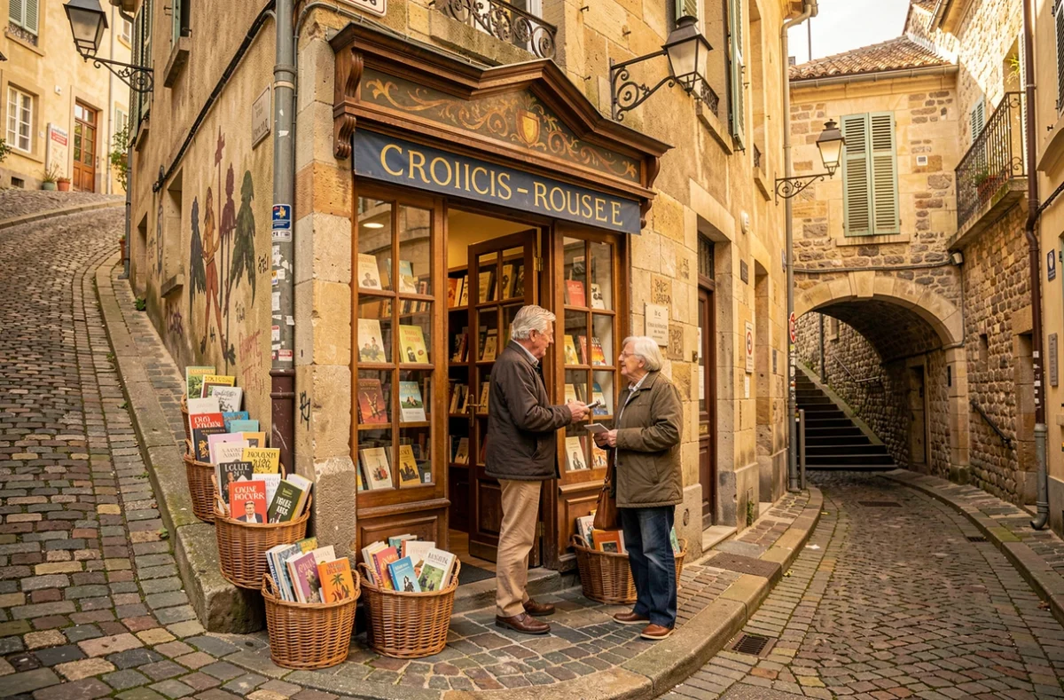 Devanture de la librairie des Canuts à la Croix-Rousse à Lyon avec un libraire discutant avec un client local devant des paniers de livres sur le trottoir pentu