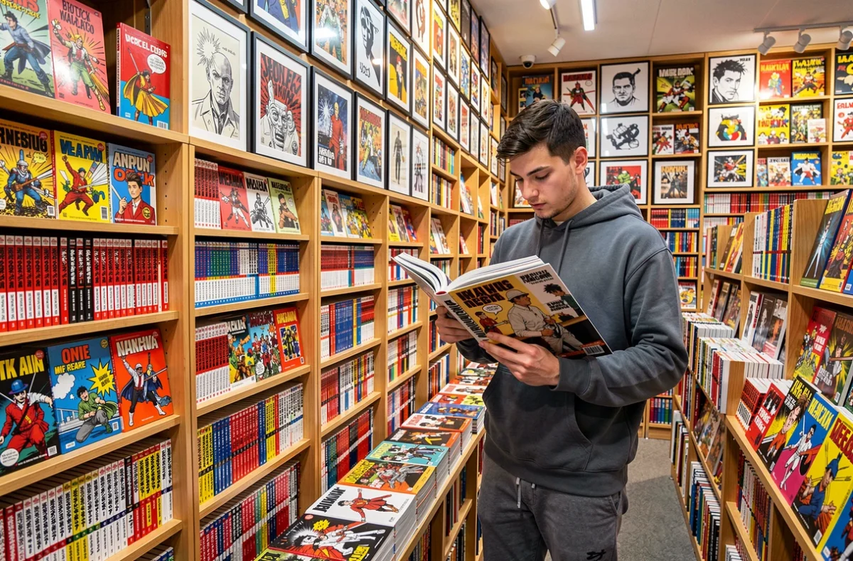 Intérieur de la librairie Expérience à Lyon dédiée à la bande dessinée, avec des murs couverts d'albums BD et manga et un client feuilletant un album