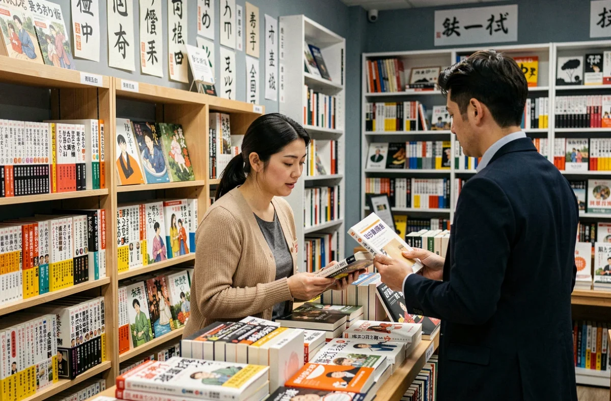 Intérieur de la librairie Kamon Shoten à Lyon dédiée à la culture japonaise, avec des rayons de mangas et livres d'art japonais et une libraire conseillant un client