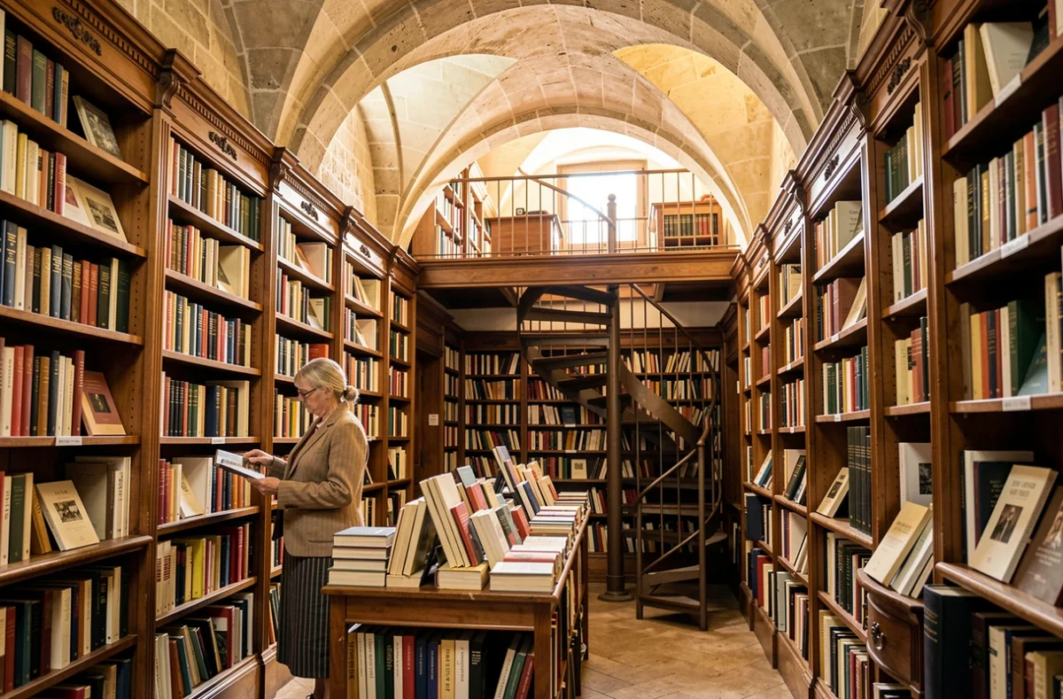 Intérieur historique de la librairie Passages dans la Presqu'île de Lyon avec ses voûtes en pierre et ses étagères antiques chargées de livres