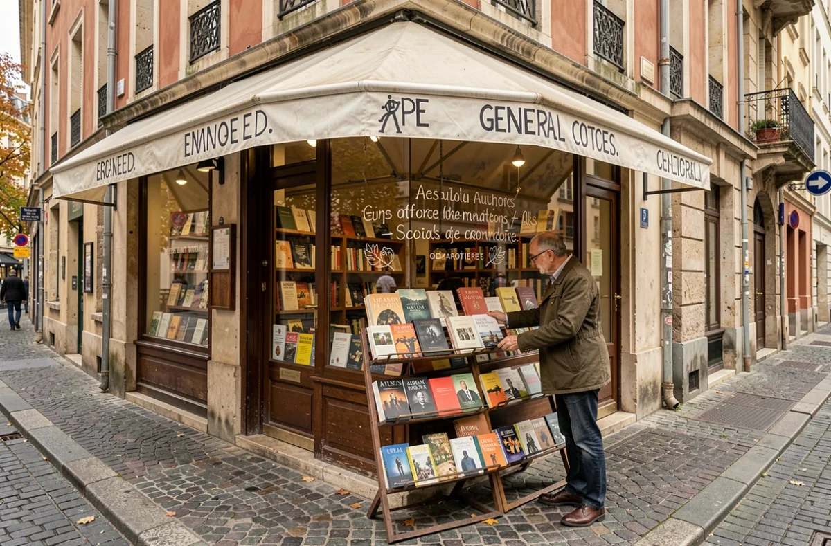 Devanture de la librairie Rive Gauche dans le 7e arrondissement de Lyon avec une vitrine engagée et un présentoir de livres sur le trottoir