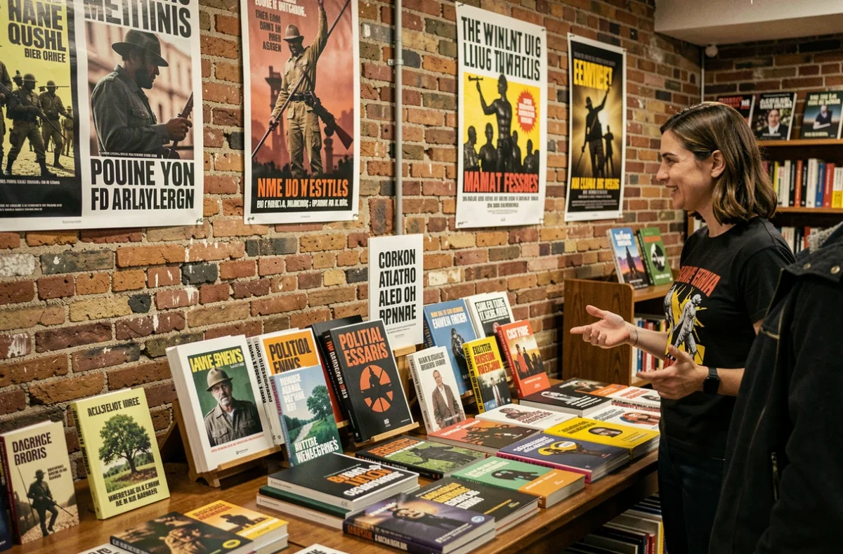 Intérieur militant de la librairie Terre des Livres dans le 7e arrondissement de Lyon avec des affiches engagées et une table de livres politiques