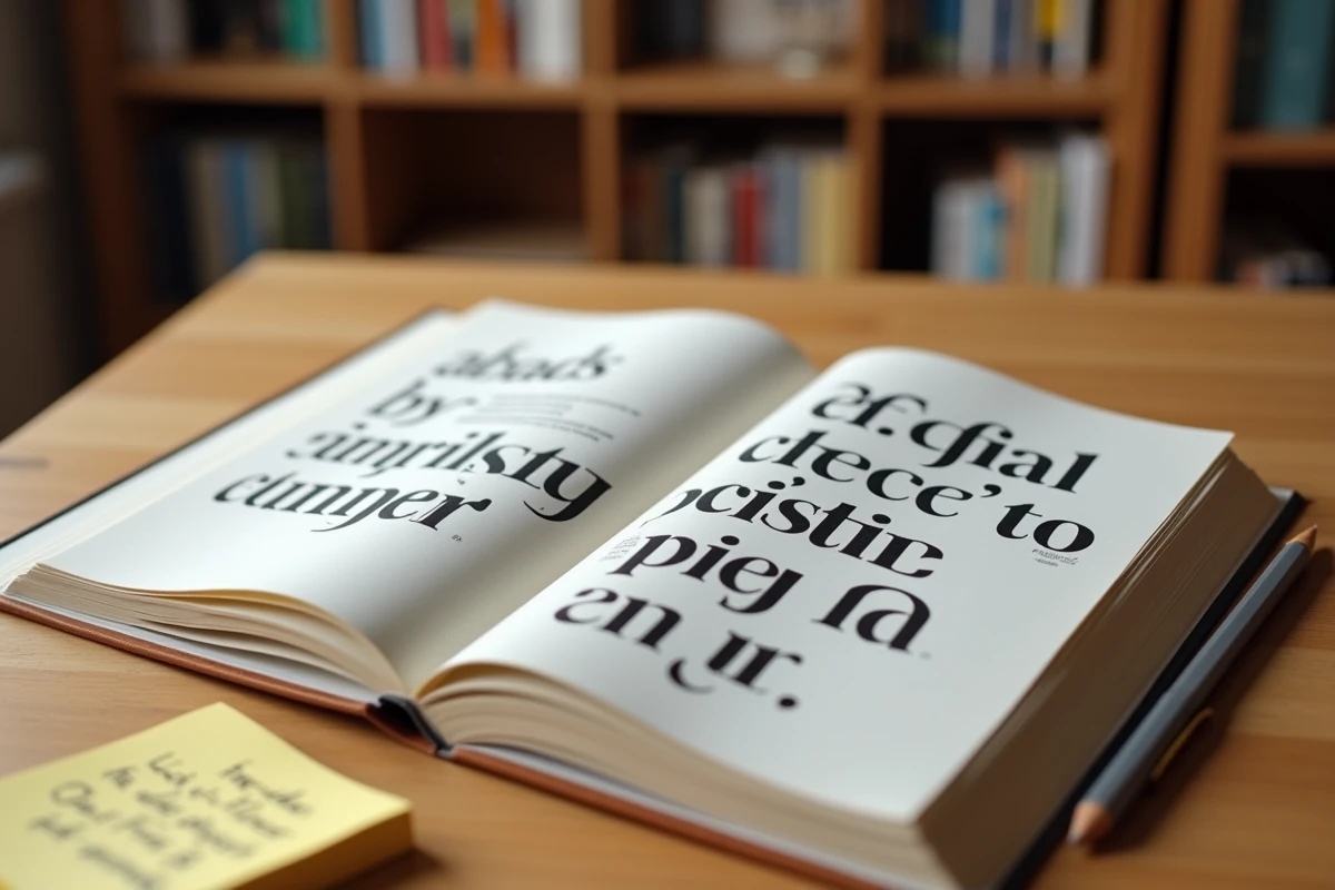 Livre de référence typographique ouvert montrant une comparaison détaillée entre polices serif et sans serif sur une table en bois