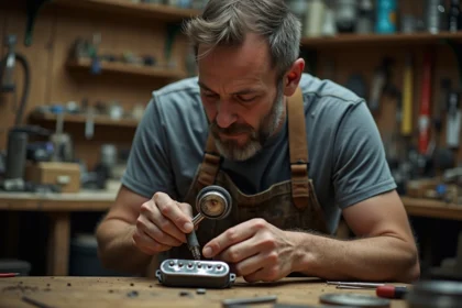 Luthier inspectant un micro Samarium Cobalt d'occasion à la loupe dans un atelier de lutherie