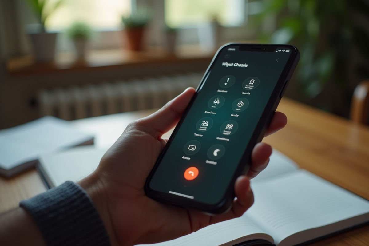 Main masculine tenant un téléphone avec un numéro inconnu sur fond de factures