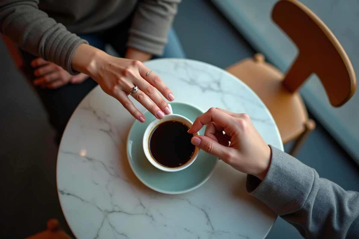 Deux mains qui s'effleurent presque sur une table de café, symbolisant l'hésitation et l'espoir d'une réconciliation amoureuse liée au signe de l'heure miroir 20h20