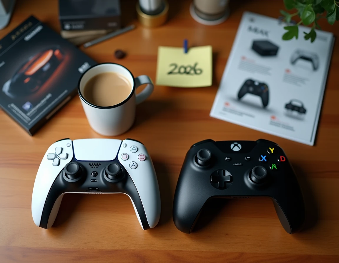 Manettes PS5 et Xbox Series X posées sur un bureau avec une note '2026', symbolisant les plateformes de sortie de GTA 6