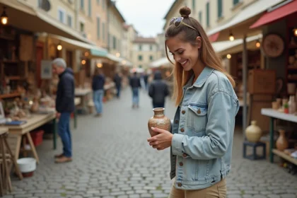 Femme souriante examinant un vase vintage au marché