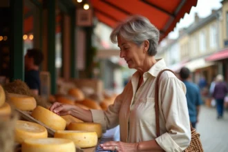 Femme choisissant un camembert normand sur un étal du marché de Deauville