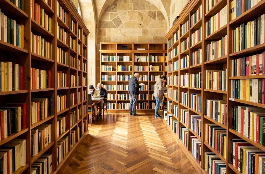 Intérieur d'une librairie indépendante dans le Rhône avec des étagères remplies de livres et des clients qui parcourent les rayons